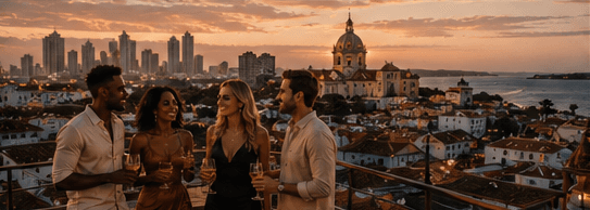 LitGlobal travelers at a Cartagena rooftop overlooking the city at sunset.
