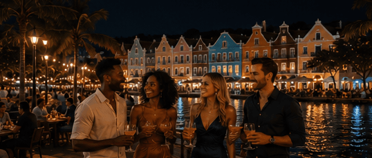 LitGlobal travelers enjoying Curacao nightlife by the waterfront.